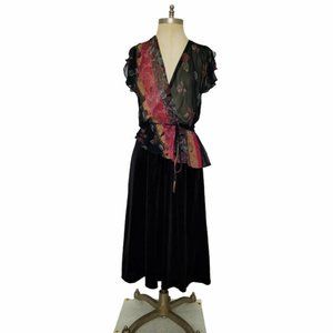 Vtg 70s Sheer Chiffon Floral Top Velvet Skirt Dress 7